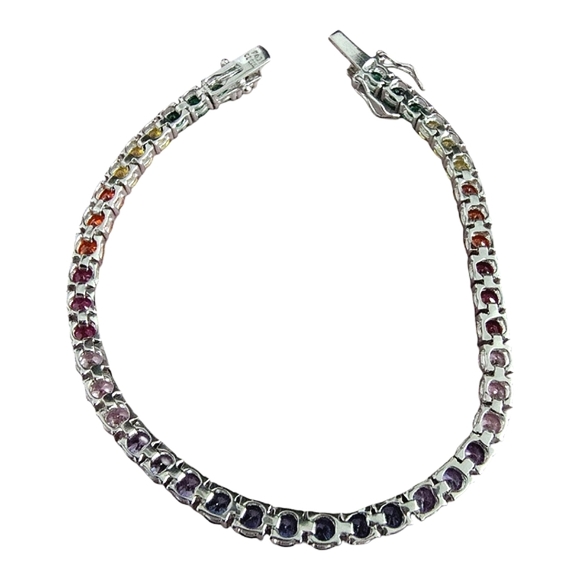 PAJ Signed Sterling Silver Rainbow Tennis Bracelet | .925 Multi-Color Gemstones - Picture 7 of 9